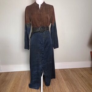 Cloth & Stone Ombre Button Front Long Sleeve Midi Dress Size S Brown Navy